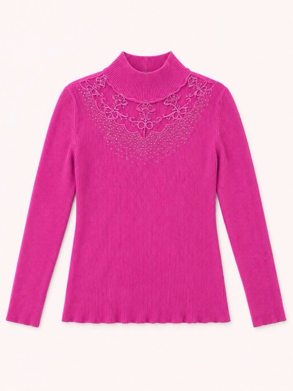 lola Bright Fuchsia Ribbed Mock Neck Long Sleeve Top with Embroidered Yoke